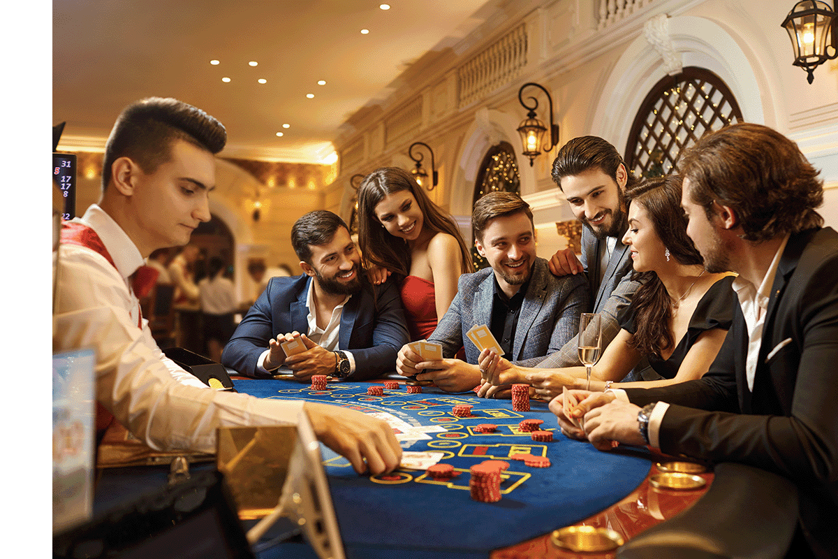 Group of people playing a table game at a casino