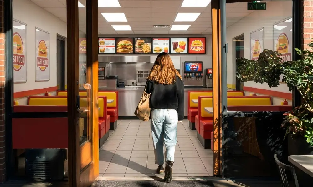 Customer walking through a branded quick-service restaurant location, representing multi-location franchise advertising with Simpli.Hub, Go to Simpli.Hub: Every Location, On-Brand, One Partner.