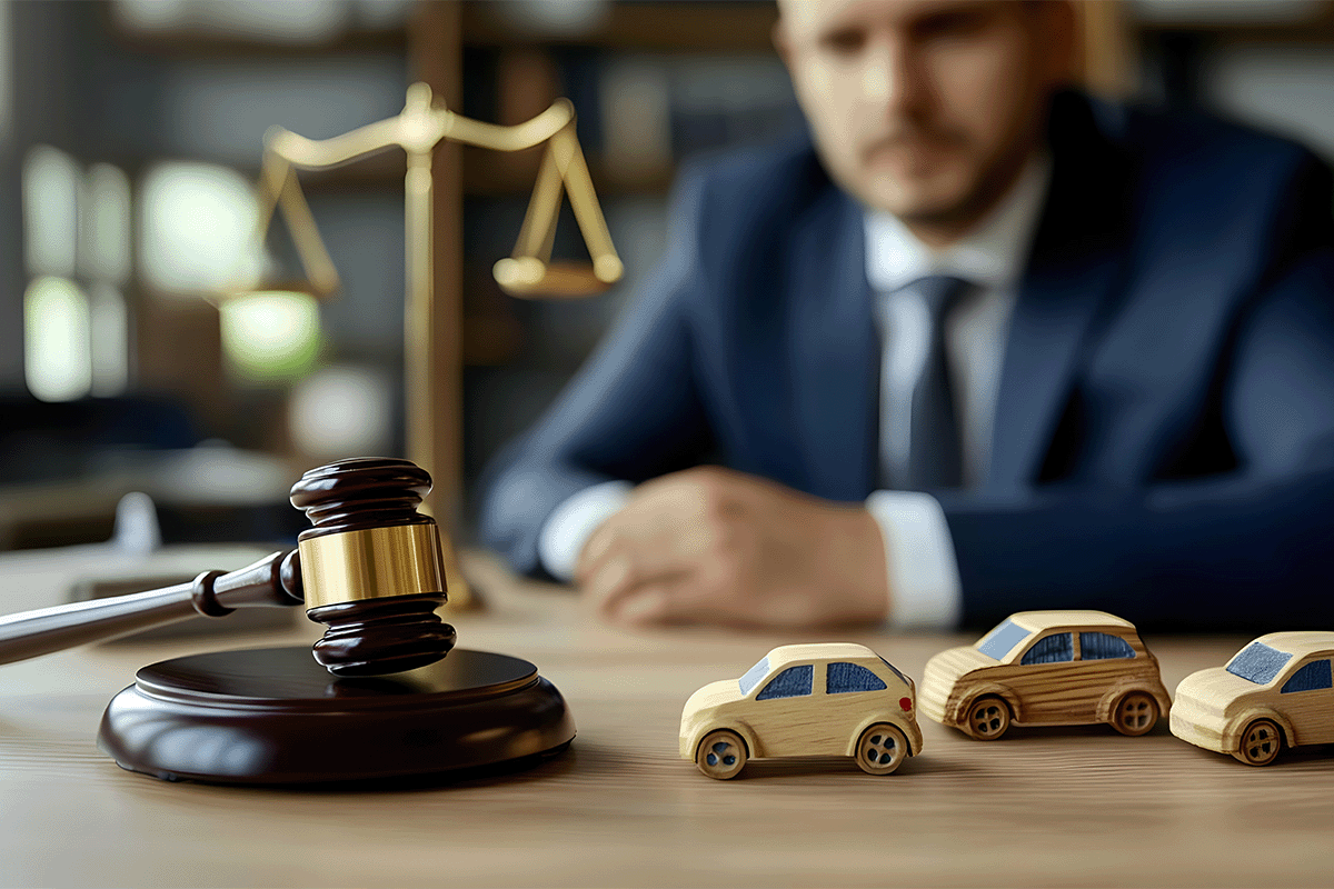 Attorney at desk with gavel and model cars, representing digital marketing for professional services.