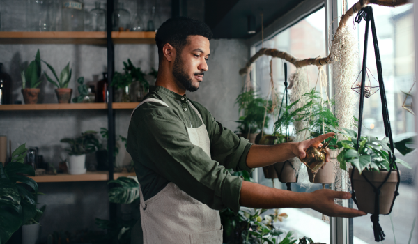 A man tending to his plants inside of a plant store