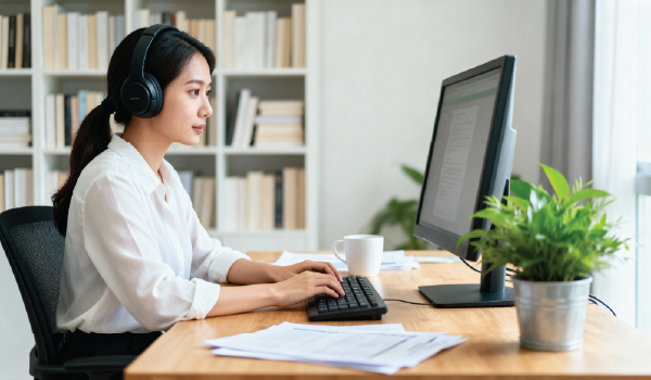 Woman on a desktop computer