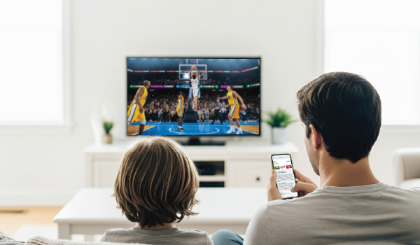 Two people watching a basketball game on TV