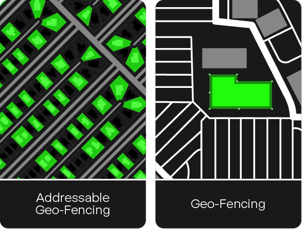 Map graphic showing Addressable Geo-Fencing, Geo-Fencing, Event Fencing, and Conversion Zones for hyperlocal ads.