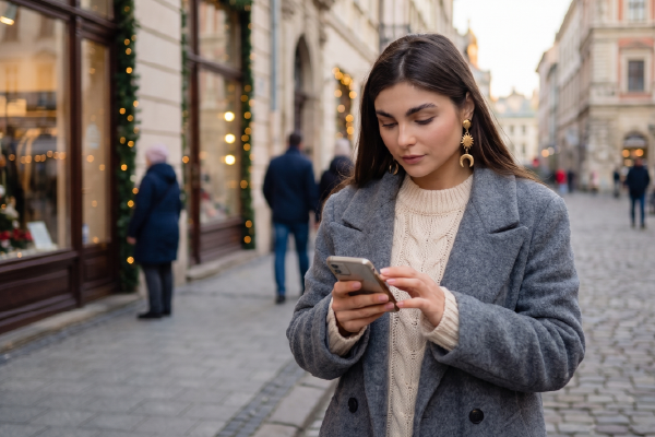 Woman in gray coat checking smartphone while walking through festive European city street decorated for Christmas