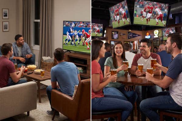 A split-scene showing football fans watching the game from home, gathering at a sports bar, and shopping for football merchandise at a local retailer.