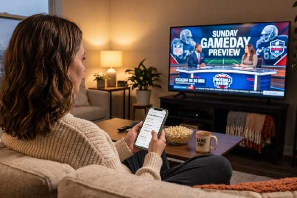 A football fan sitting at home watching pregame coverage on a streaming TV while browsing nearby restaurants or retail stores on their phone.