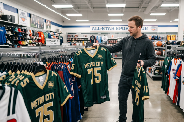 A simple visual showing the football fan journey ending at a storefront.