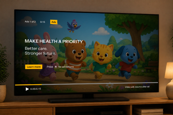 A CTV ad for a healthcare service displayed over an unrelated cartoon program, illustrating the importance of relevant content adjacency and brand-appropriate CTV placements.