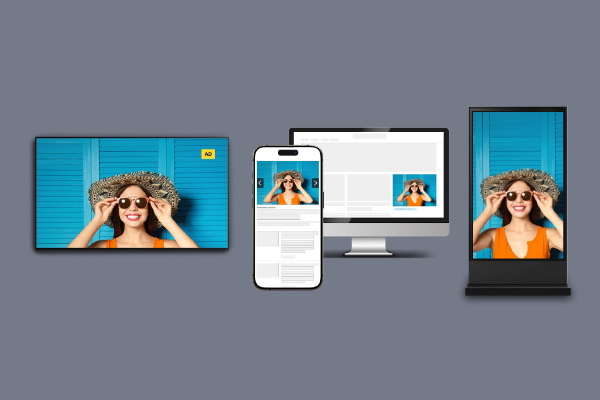 Girl wearing sunglasses appearing across multiple ad formats (TV, phone, display, etc.)