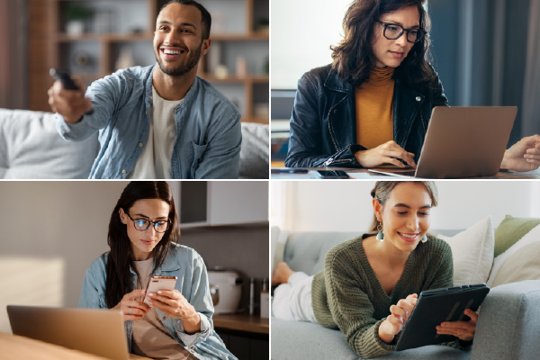 Four separate lifestyle images showing people engaging with different devices (TV, laptop, smartphone, iPad).