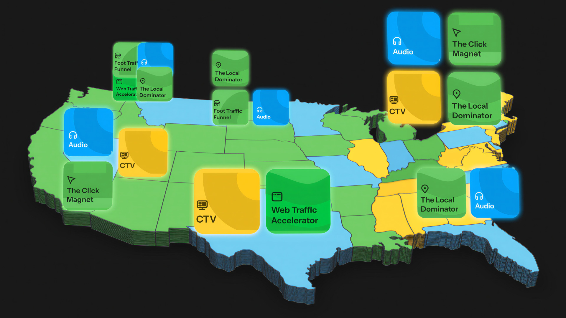 Illustration of a U.S. map with colorful tiles labelled CTV, Audio, Web Traffic Accelerator, Foot Traffic Funnel, The Local Dominator, and The Click Magnet.