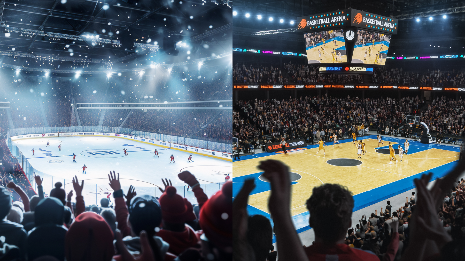 A split image of fans watching hockey and basketball games in two different arenas.