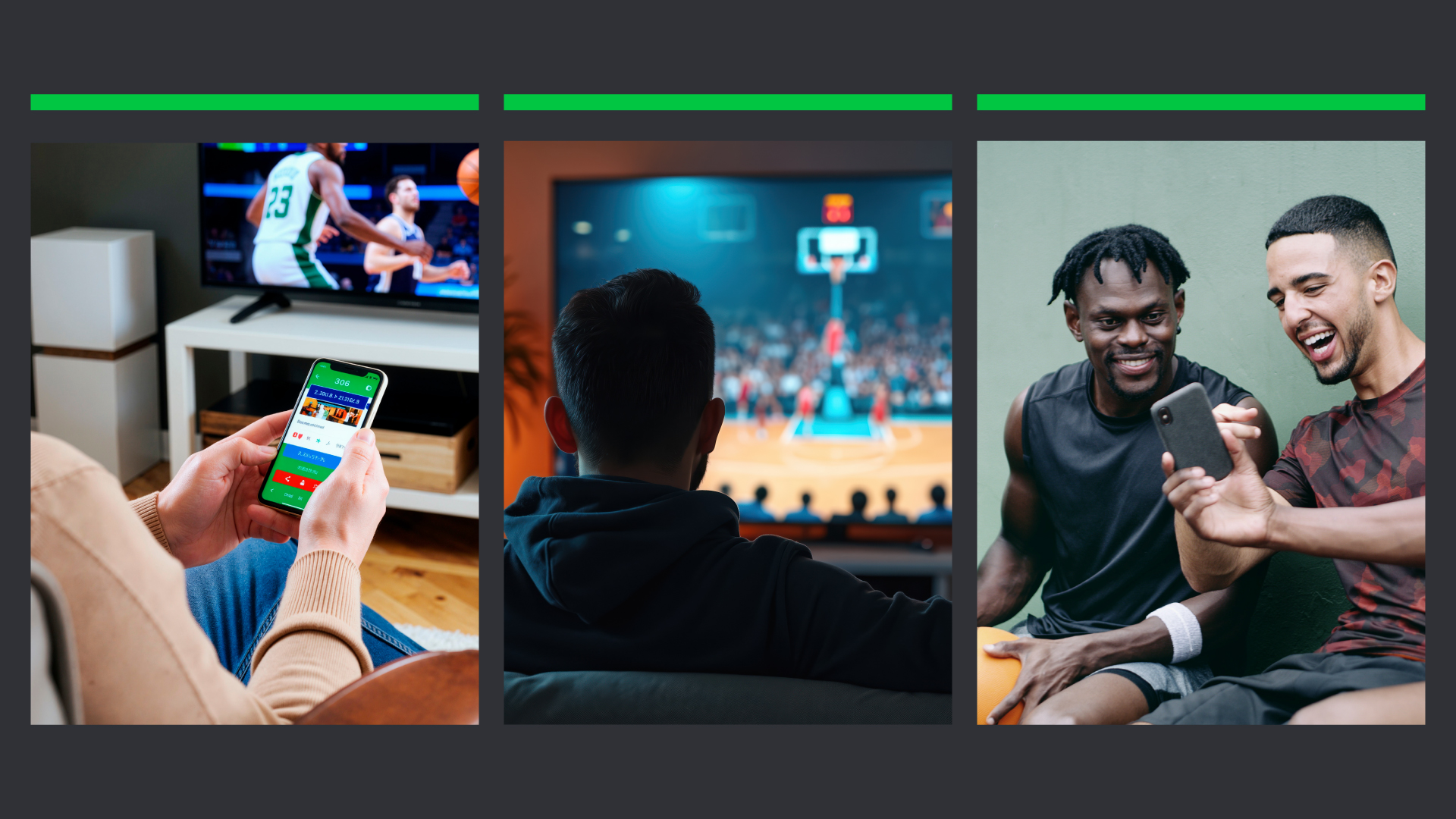Three-panel visual showing a basketball fan checking game details on a phone, watching the live game on TV, and viewing highlights with friends.