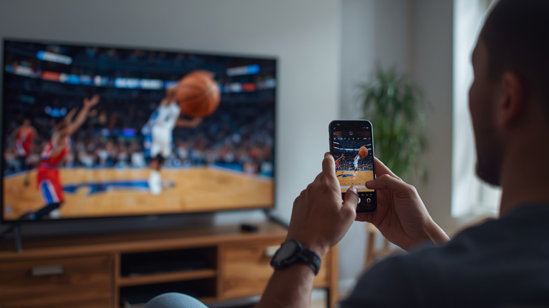 Person watching a basketball game on TV while also viewing it on a smartphone.